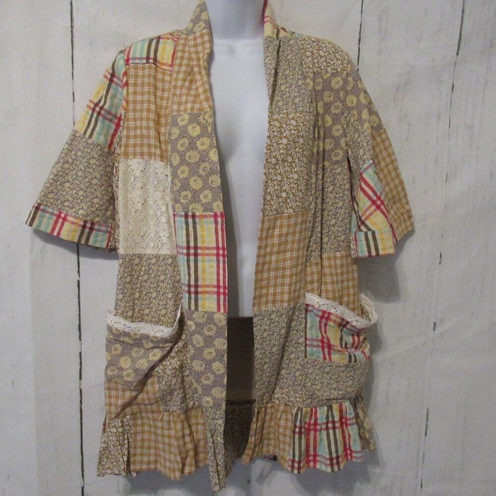 New April Cornell Kimono XS Floral Patchwork Honey Bee Cover Up Cardigan‎